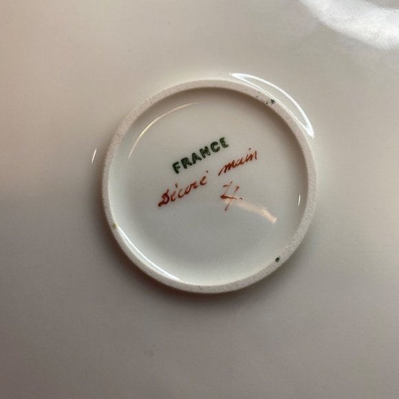 Two Vintage France Plates Hand Painted Floral Green & Gold Accents About 8” Wide - Picture 7 of 15